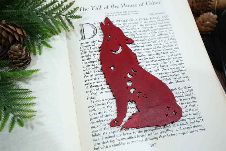 Wolf Leather Bookmark Howling Wolf Bookmark Nature Wildlife Book Mark Moon and Stars Astrology Handmade Bookmark Book Lover Gifts Red