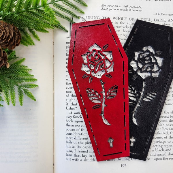 Coffin Bookmark | Leather Floral Rose Gothic Bookmark | Unusual Oddities Halloween Bookmark | Gift for Bookworm | Vampire Horror Bookmark