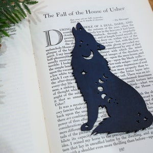 Wolf Leather Bookmark Howling Wolf Bookmark Nature Wildlife Book Mark Moon and Stars Astrology Handmade Bookmark Book Lover Gifts Royal Blue