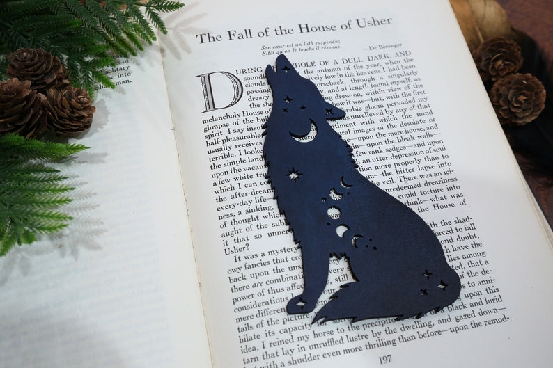 Wolf Leather Bookmark Howling Wolf Bookmark Nature Wildlife Book Mark Moon and Stars Astrology Handmade Bookmark Book Lover Gifts Royal Blue