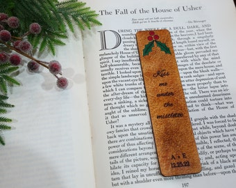 Kiss Me Under The Mistletoe Bookmark | Christmas Anniversary Bookmark | Personalized Leather Custom Bookmark | Stocking Stuffer | Book Lover