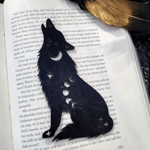 Wolf Leather Bookmark Howling Wolf Bookmark Nature Wildlife Book Mark Moon and Stars Astrology Handmade Bookmark Book Lover Gifts Black