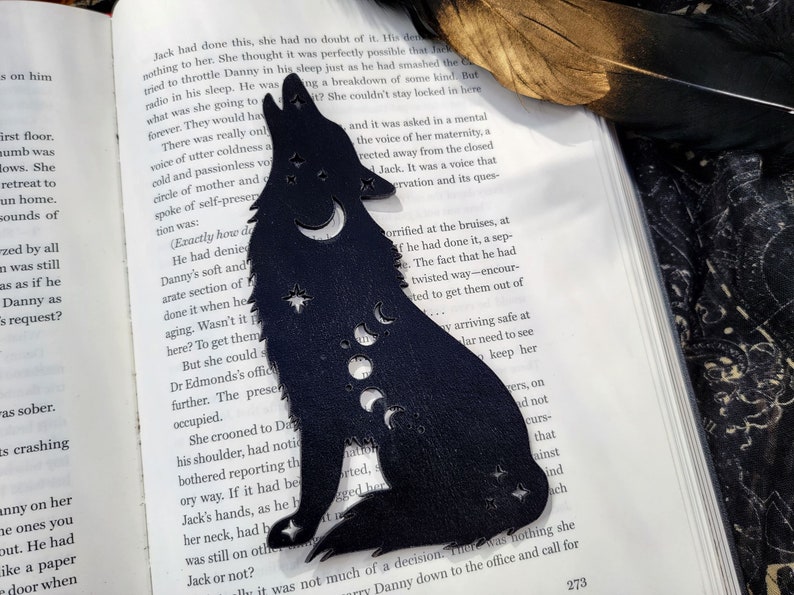 Wolf Leather Bookmark Howling Wolf Bookmark Nature Wildlife Book Mark Moon and Stars Astrology Handmade Bookmark Book Lover Gifts Black