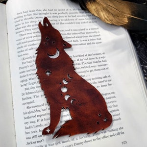 Wolf Leather Bookmark Howling Wolf Bookmark Nature Wildlife Book Mark Moon and Stars Astrology Handmade Bookmark Book Lover Gifts Walnut Brown