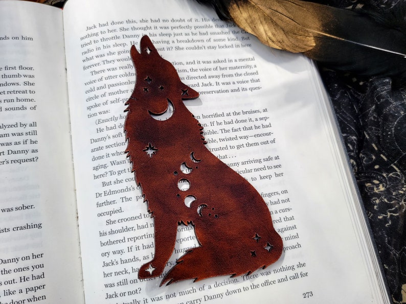 Wolf Leather Bookmark Howling Wolf Bookmark Nature Wildlife Book Mark Moon and Stars Astrology Handmade Bookmark Book Lover Gifts Walnut Brown