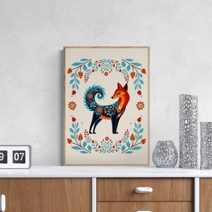 Scandinavian folk art poster with fox and flowers, Nordic folk art, Hygge, Wall decor