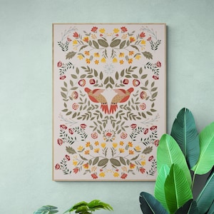 A Nordic Garden, Scandinavian Folk Art Birds and Flowers, swedish folk art, Norwegian folk art, Hygge, Nordic folk art, Poster print