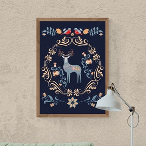 Scandinavian Folk Art Poster Print with a deer and birds, Scandinavian wall art, wall hanging, Scandi design