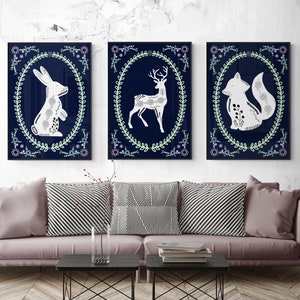 Set of 3 Folk Art Posters, Scandinavian Decor, Danish Pastel, Minimalist Poster Print, Rabbit, Fox, Deer, Danish folk art, Pastel room decor