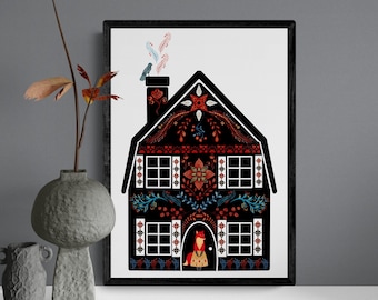 Scandinavian Folk Art House Poster Print, Swedish Folk Art, Norwegian Folk Art, Nordic Folk Art