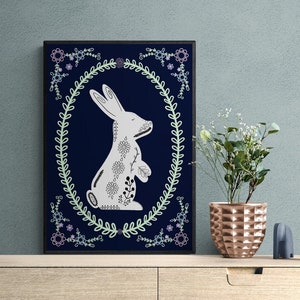 Scandinavian Folk Art, Rabbit Poster Print, Danish pastel, Scandinavian Decor, Nordic Wall Art, Scandi Design, Swedish Folk, Norwegian Folk