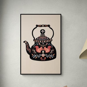 Scandinavian Folk Art Kettle Poster Print, Swedish Folk Art, Norwegian Folk Art, Kitchen Decor, Teapot Art Print, Nordic Folk Art