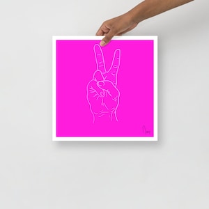 Hot Pink Minimalist Peace Sign Hand Art Print, Line Art, Pink Wall Art, Minimalist Decor - Various Size Options