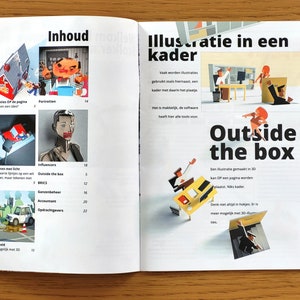 Puede incluir: Una doble p&aacute;gina de revista con el t&iacute;tulo "Ilustraci&oacute;n en un marco" y "Fuera de la caja". La revista presenta ilustraciones de personas y objetos en un estilo 3D. El texto trata sobre el uso de software para crear ilustraciones y las posibilidades de usar ilustraciones 3D.