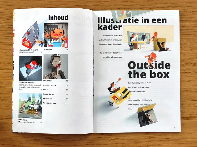 Puede incluir: Una doble p&aacute;gina de revista con el t&iacute;tulo "Ilustraci&oacute;n en un marco" y "Fuera de la caja". La revista presenta ilustraciones de personas y objetos en un estilo 3D. El texto trata sobre el uso de software para crear ilustraciones y las posibilidades de usar ilustraciones 3D.