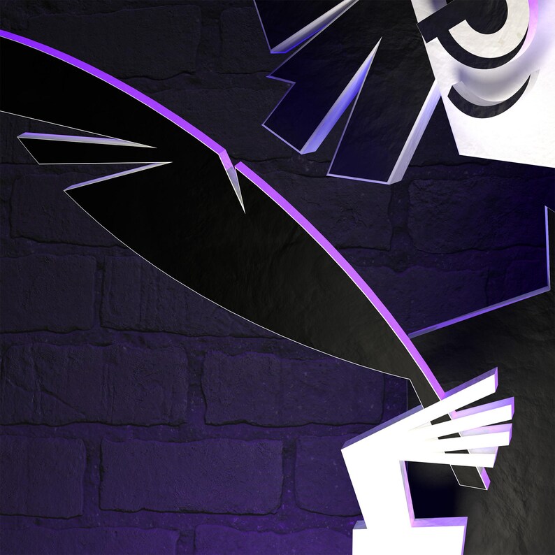 May include: Abstract geometric design with black, white, and purple accents. The design features sharp angles and a 3D effect.