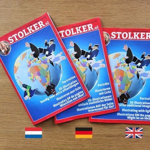 Puede incluir: Tres ejemplares de una revista titulada "STOLKER.nl" con una ilustraci&oacute;n de globo terr&aacute;queo en la portada. El globo est&aacute; rodeado de figuras de personas. Las portadas de la revista son rojas con texto blanco y azul. La revista est&aacute; disponible en holand&eacute;s, alem&aacute;n e ingl&eacute;s.