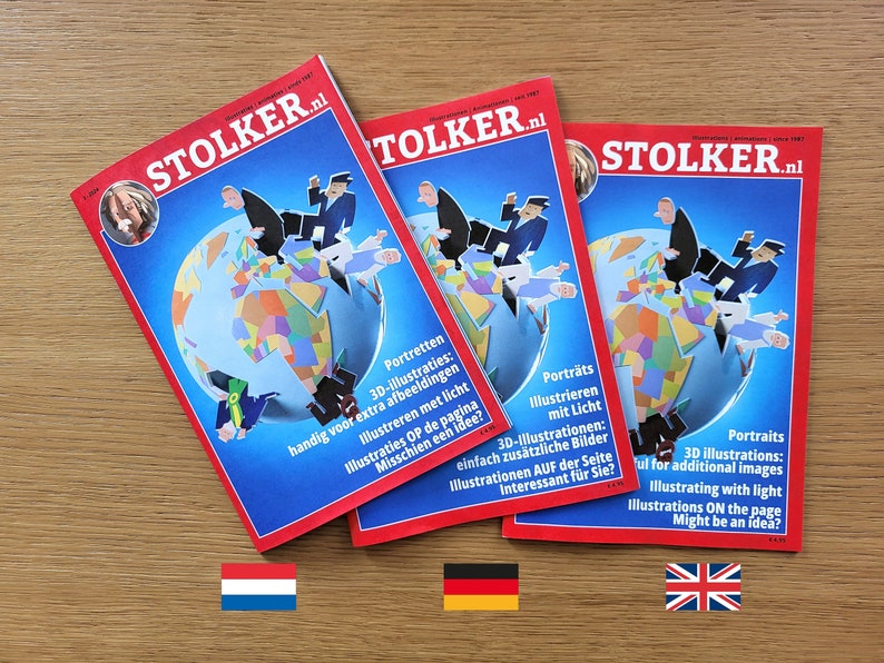 Puede incluir: Tres ejemplares de una revista titulada "STOLKER.nl" con una ilustraci&oacute;n de globo terr&aacute;queo en la portada. El globo est&aacute; rodeado de figuras de personas. Las portadas de la revista son rojas con texto blanco y azul. La revista est&aacute; disponible en holand&eacute;s, alem&aacute;n e ingl&eacute;s.