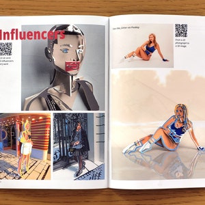 Puede incluir: Una doble p&aacute;gina de revista que presenta una serie de im&aacute;genes de personas en varias poses. Las im&aacute;genes est&aacute;n estilizadas y parecen estar hechas de recortes de papel. La doble p&aacute;gina de la revista se titula "Influencers".