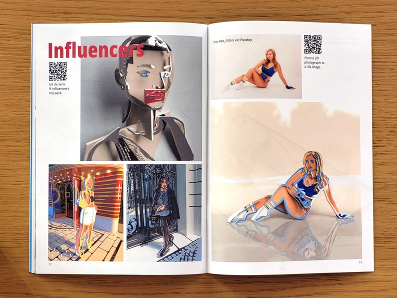 Puede incluir: Una doble p&aacute;gina de revista que presenta una serie de im&aacute;genes de personas en varias poses. Las im&aacute;genes est&aacute;n estilizadas y parecen estar hechas de recortes de papel. La doble p&aacute;gina de la revista se titula "Influencers".