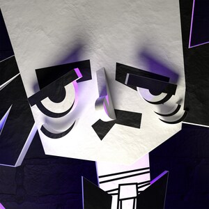May include: A black and white illustration of a face with large eyes and a serious expression. The face is made up of geometric shapes and has a purple glow around the edges.