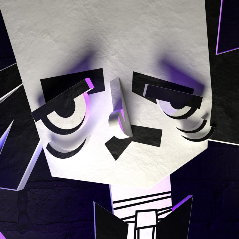May include: A black and white illustration of a face with large eyes and a serious expression. The face is made up of geometric shapes and has a purple glow around the edges.