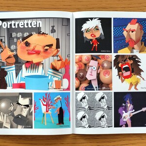 Puede incluir: Un libro con un collage colorido de retratos recortados en papel de personas famosas. Los retratos est&aacute;n dispuestos en una cuadr&iacute;cula sobre un fondo blanco. El libro est&aacute; abierto en una p&aacute;gina titulada "Portretten".
