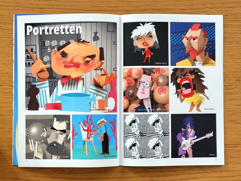 Puede incluir: Un libro con un collage colorido de retratos recortados en papel de personas famosas. Los retratos est&aacute;n dispuestos en una cuadr&iacute;cula sobre un fondo blanco. El libro est&aacute; abierto en una p&aacute;gina titulada "Portretten".