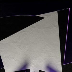 May include: Abstract geometric design with a white, textured surface and black and purple edges.