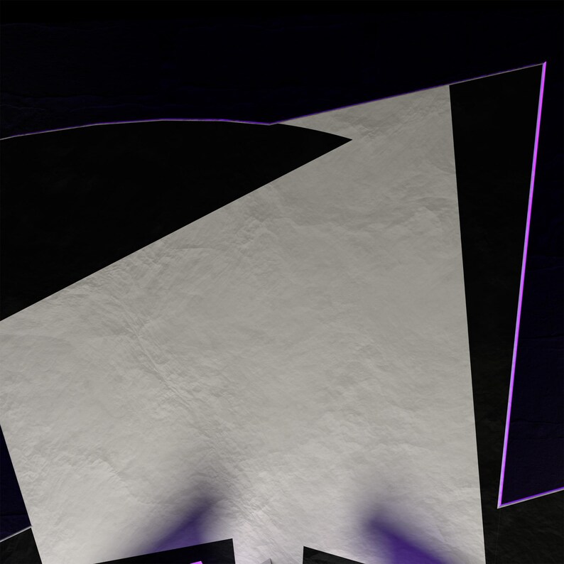 May include: Abstract geometric design with a white, textured surface and black and purple edges.
