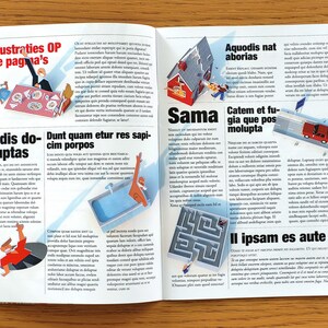 Puede incluir: Una p&aacute;gina de revista con ilustraciones coloridas y texto. El texto incluye las palabras "Illustraties OP de pagma's", "Adis do-luptas", "Dunt quam etur res sapicim porpos", "Sama", "Aquodis nat aborias", "Catem et fugia que pos molupta" y "II ipsam es aute".