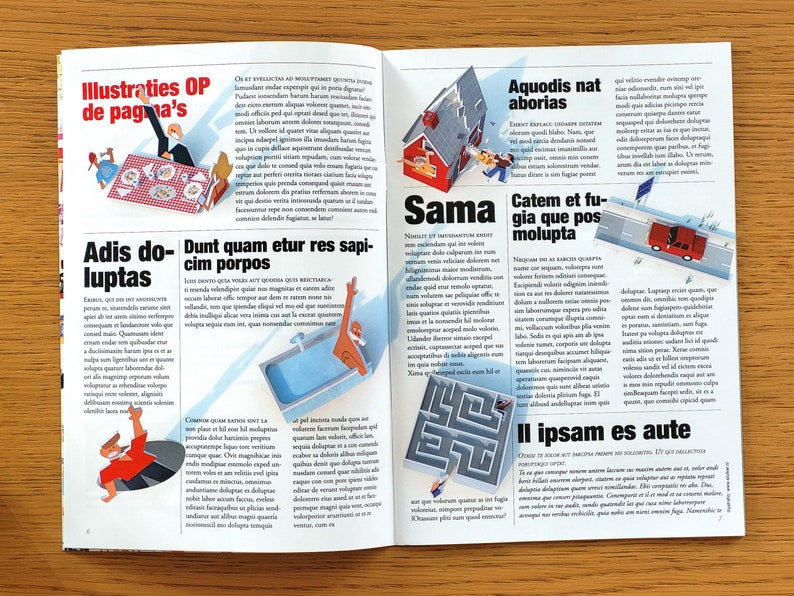 Puede incluir: Una p&aacute;gina de revista con ilustraciones coloridas y texto. El texto incluye las palabras "Illustraties OP de pagma's", "Adis do-luptas", "Dunt quam etur res sapicim porpos", "Sama", "Aquodis nat aborias", "Catem et fugia que pos molupta" y "II ipsam es aute".