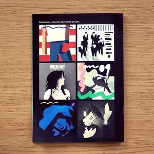 Puede incluir: Un collage en blanco y negro de portadas de &aacute;lbumes. Las portadas presentan a una persona con una camisa a rayas rojas, blancas y azules, un dise&ntilde;o gr&aacute;fico en blanco y negro, una mujer con cabello negro largo, un dise&ntilde;o gr&aacute;fico en blanco y negro con acentos rosados y verdes, una mujer con cabello azul y un hombre con un traje negro.