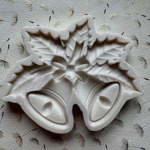 Christmas Jingle Bells with a Bow and Holly Leaves Silicone Mold   3.25”Tall 4.25”Wide .6”Depth