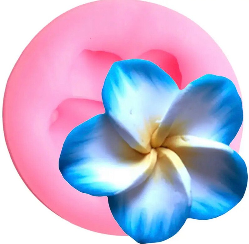 May include: Pink silicone mold for making a blue and yellow plumeria flower. The mold is shaped like a flower with five petals.