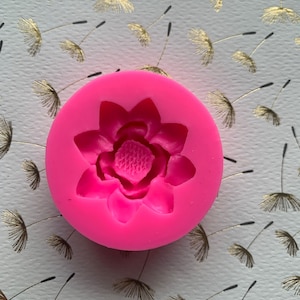 May include: Pink silicone mold for making a flower-shaped cake decoration. The mold has a detailed design of a flower with five petals.