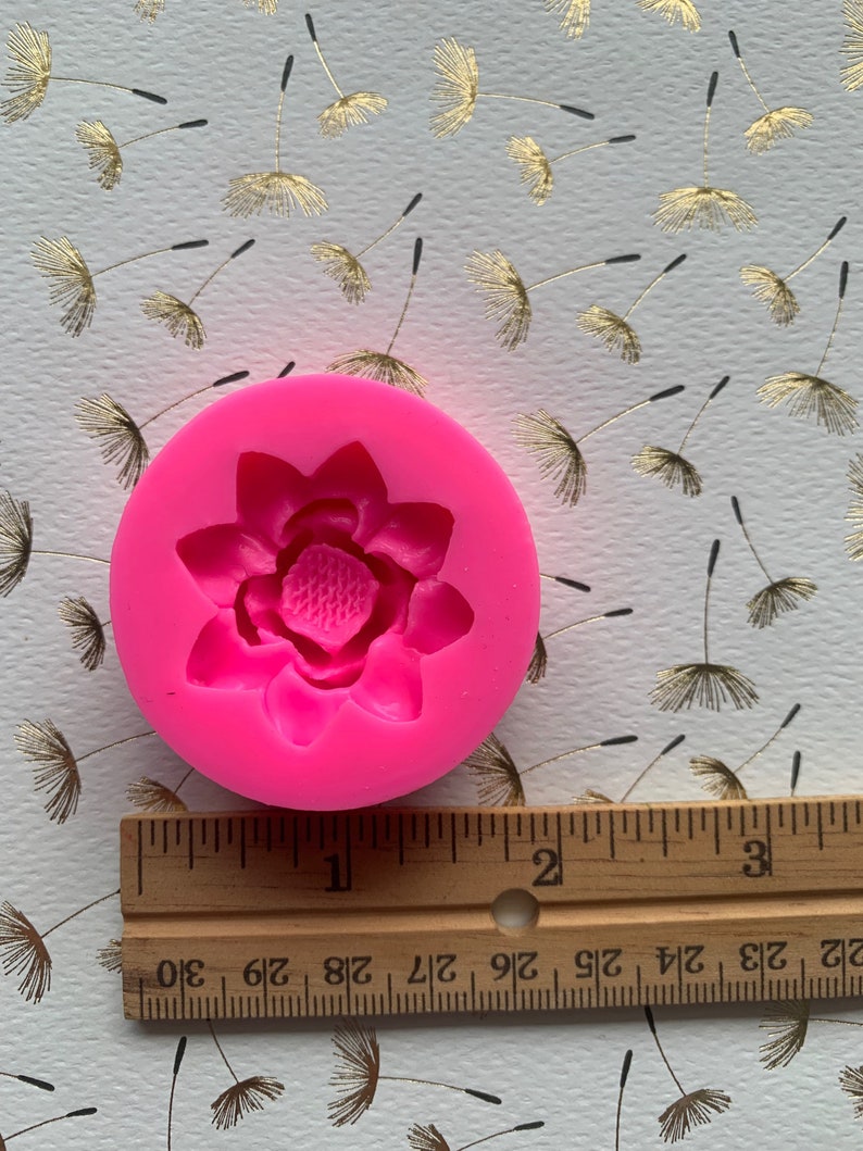 May include: Pink silicone mold for making a flower-shaped cake decoration. The mold is about 1 inch in diameter.