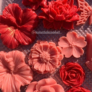 May include: Assortment of red and pink wax flower decorations. The flowers are arranged on a glittery surface. The flowers are in various shapes and sizes. The text "@oceansidecookies" is visible in the image.