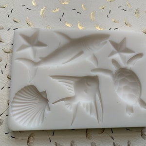 Shark Sea Turtle Seashell Angel Fish Starfish Ocean Themed Silicone Mold 3D 5.25”Long 3.7”Tall .5”Depth