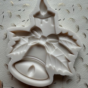 Christmas Jingle Bell with a Bow, Candle and Holly Leaves Silicone Mold 4.75”Tall 3.5”Wide .6”Depth