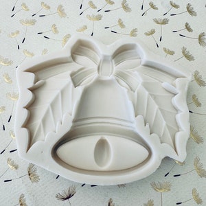 Christmas Jingle Bell with a Bow and Holly Leaves Silicone Mold 3D  3.75”Tall 4.25”Wide .7”Depth
