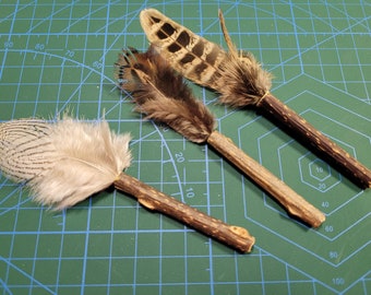 All natural 3 pack Cat catnip sticks natural wood turned into chewable toy with feathers - PURRFECT HUNT