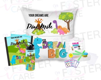 Your Dreams Are DinoMite Dinosaur Kit - Comfort, Creativity, Adventure - Kids’ Pillow, Notebook, Tumbler - Dinosaur Theme