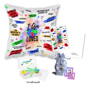 Kit completo de afirmación para niños - Alegría radiante - Soy amado - Almohada, cuaderno, kit calmante y tarjetas de afirmación - Autoestima y bienestar