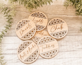 Rattan effect|Wooden Storage Labels | Home Decor | Nursery Decor| Organisation | Personalised| circle