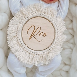 Personalised Baby Arrival Sign | Hello World My Name Is Sign l Engraved Baby Name Plaque | Wooden | Social Media Photo Prop Disc| macrame