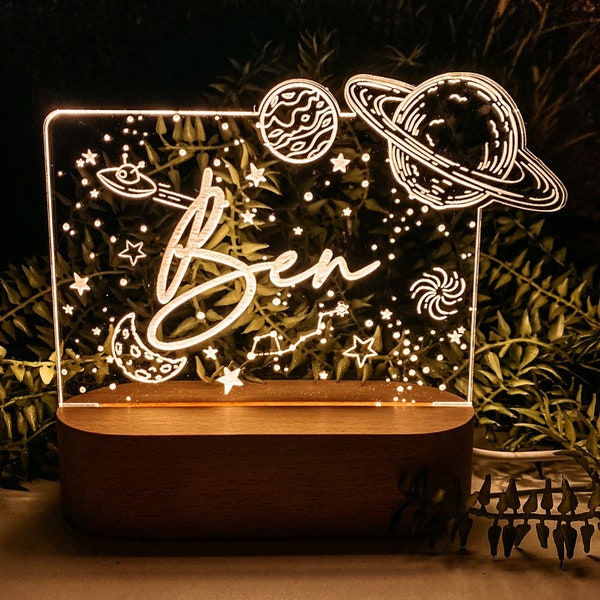 Personalised Name Children’s Space Night Light - Nursery Lamp - Custom Baby Gift - name - white light/rainbow light