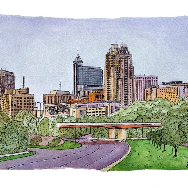 Raleigh Skyline Watercolor Print