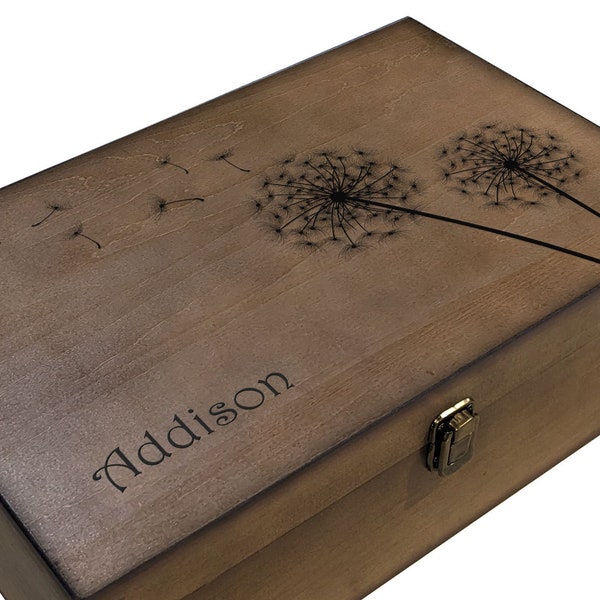 Personalized Dandelion Memory Box | Large Decorative Wooden Dandelion Keepsake Box for Memories, Jewelry, Photos, Storage