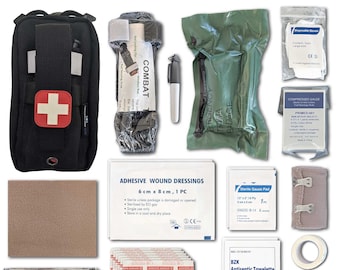 May include: A black first aid kit with a red cross on it, a tourniquet, a bandage, a gauze pad, a roll of tape, a packet of antiseptic wipes, and a packet of alcohol prep pads. The kit is laid out on a white background.
